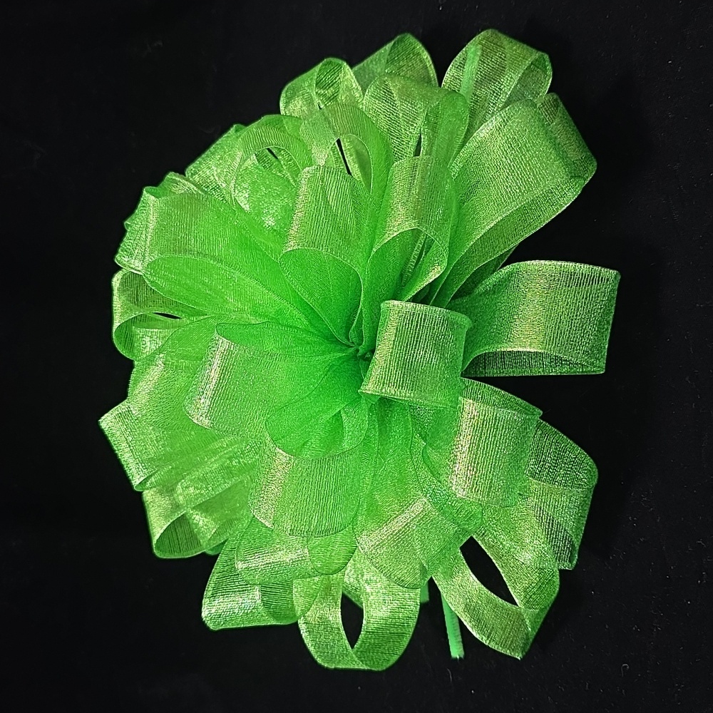 Christmas Tree Bow Topper, Lime Green Sheer Ribbon Tree Topper 44 Loop Bow #3of4